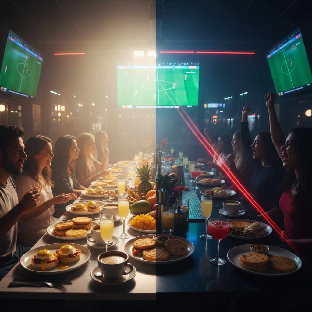 La República Sport Bar in Medellín — brunch spread on one side, glowing sports screens on the other