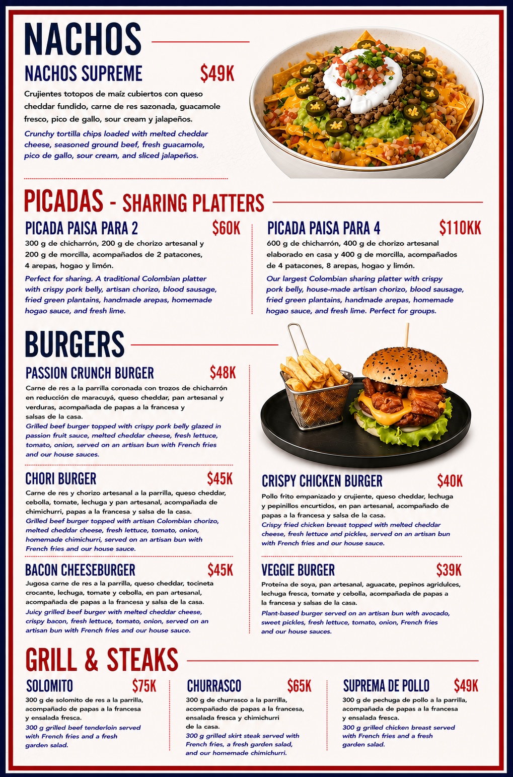 Página de la carta impresa de La República — Nachos, Hamburguesas & Parrilla