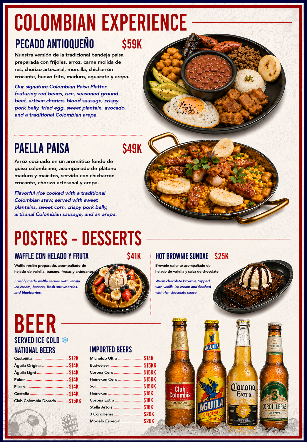 Página de la carta impresa de La República — Experiencia Colombiana & Cerveza